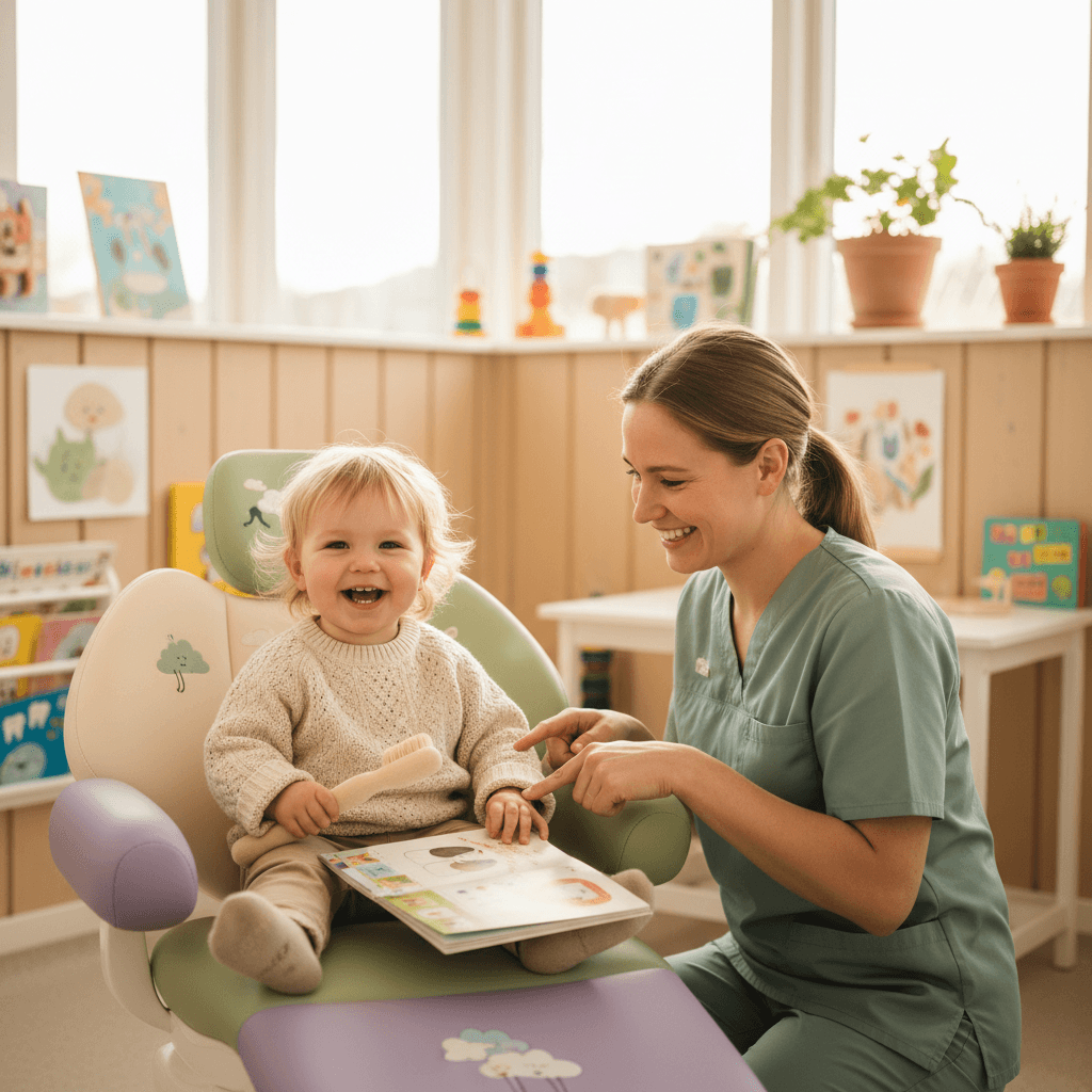 Lite barn som sitter i tannlegestol og smiler med en vennlig tannlege