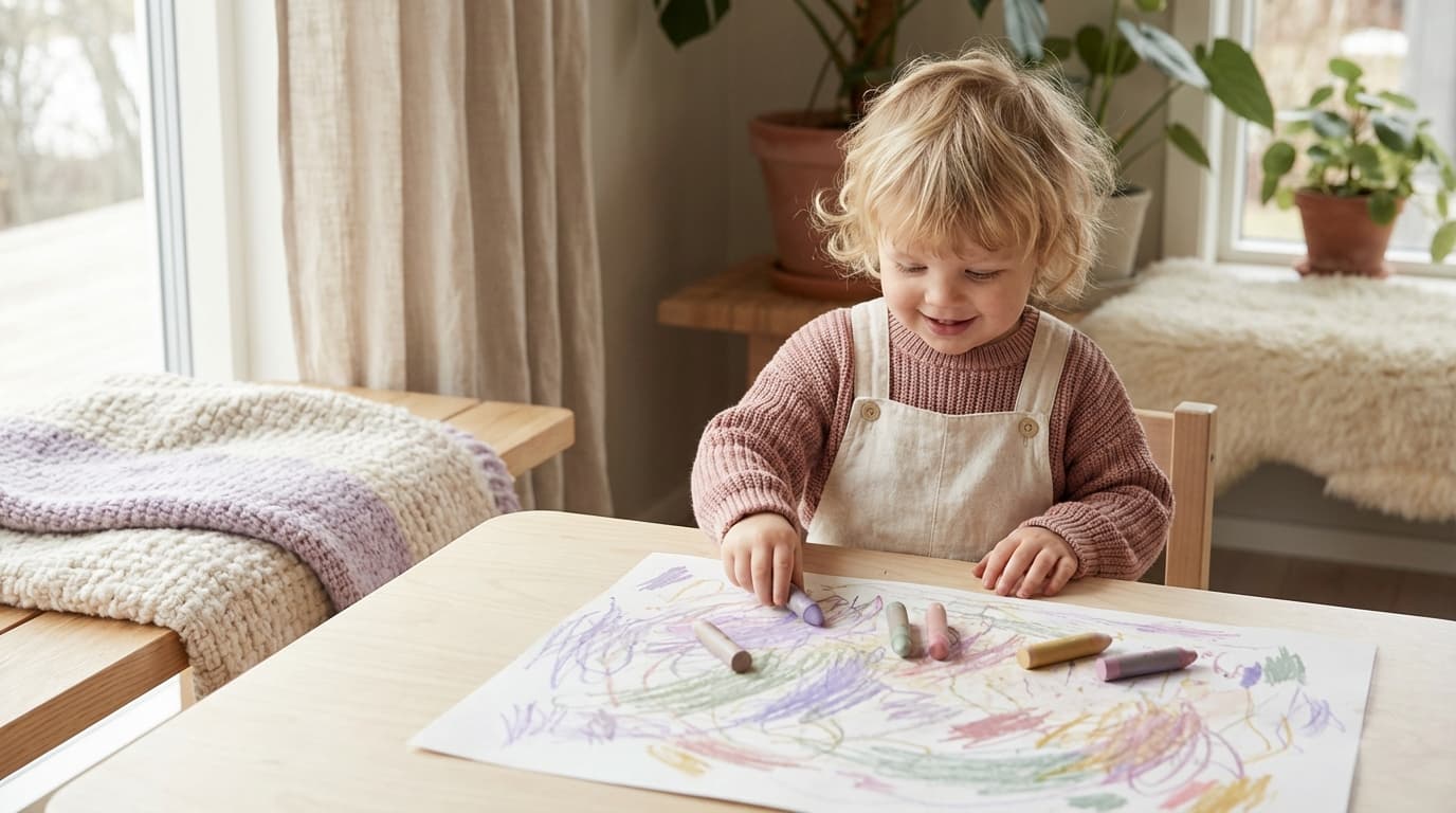 Lite barn som tegner med fargeblyanter på et stort ark ved kjøkkenbordet