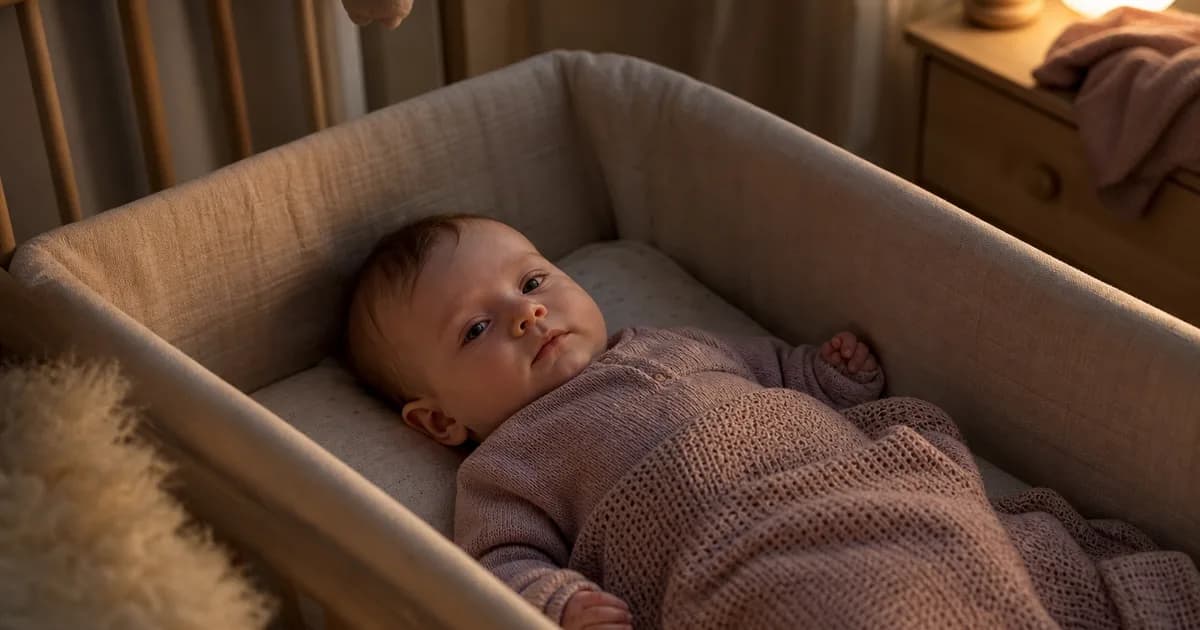 Trøtt baby som ligger våken i sengen om natten i et rolig skandinavisk soverom
