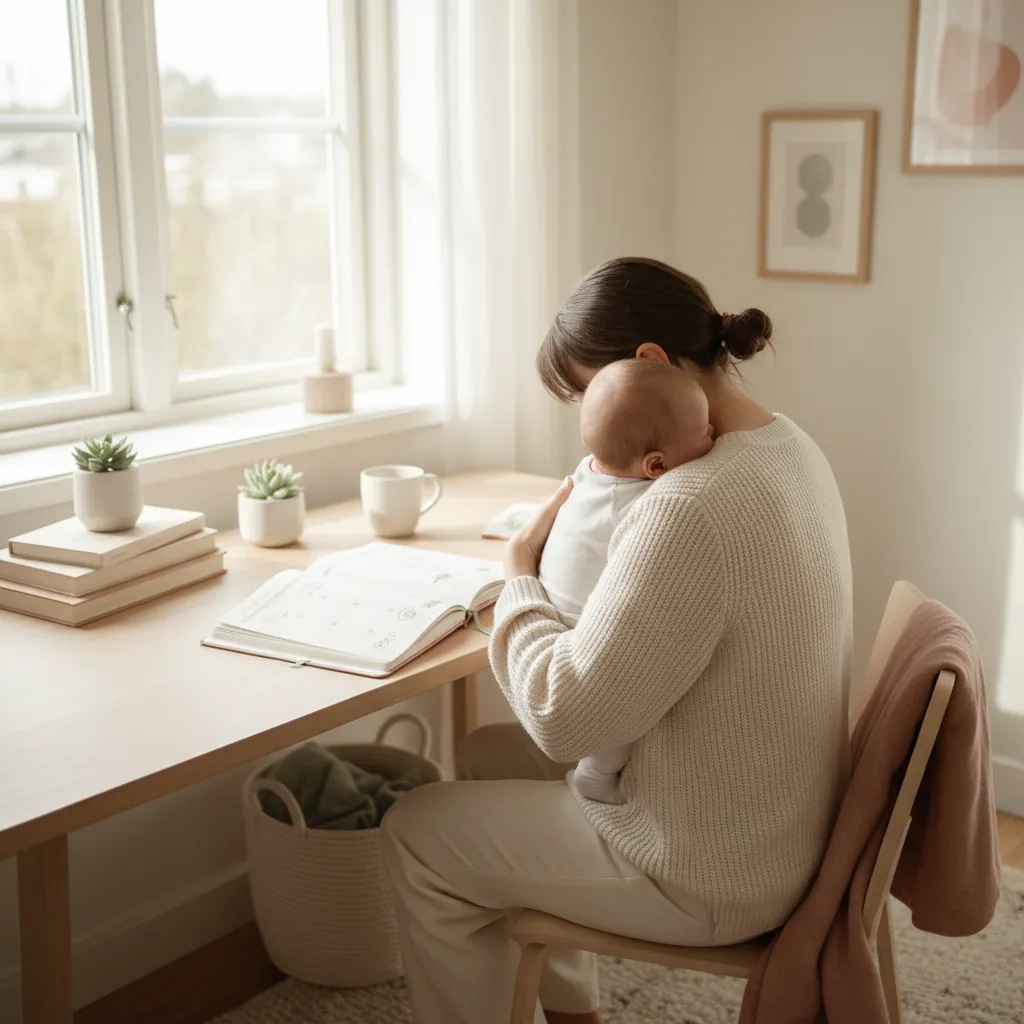 Forelder som organiserer hverdagen med kalender og baby i nærheten