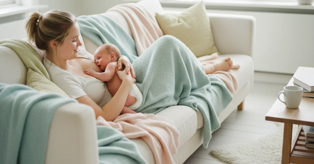 Mor som ammer baby i tilbakelent stilling med hudkontakt i et lyst nordisk soverom