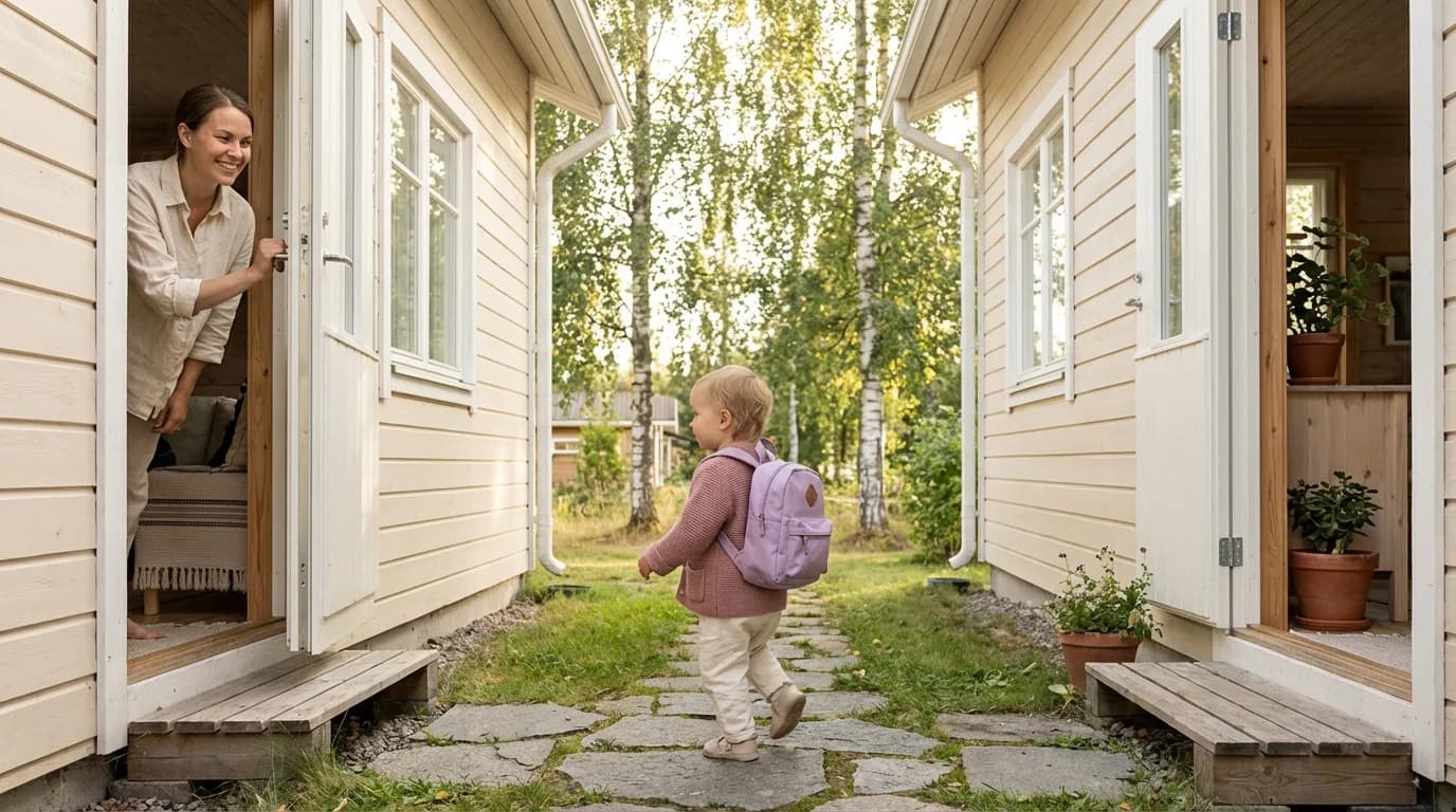 Lite barn med sekk klar til å dra mellom to hjem