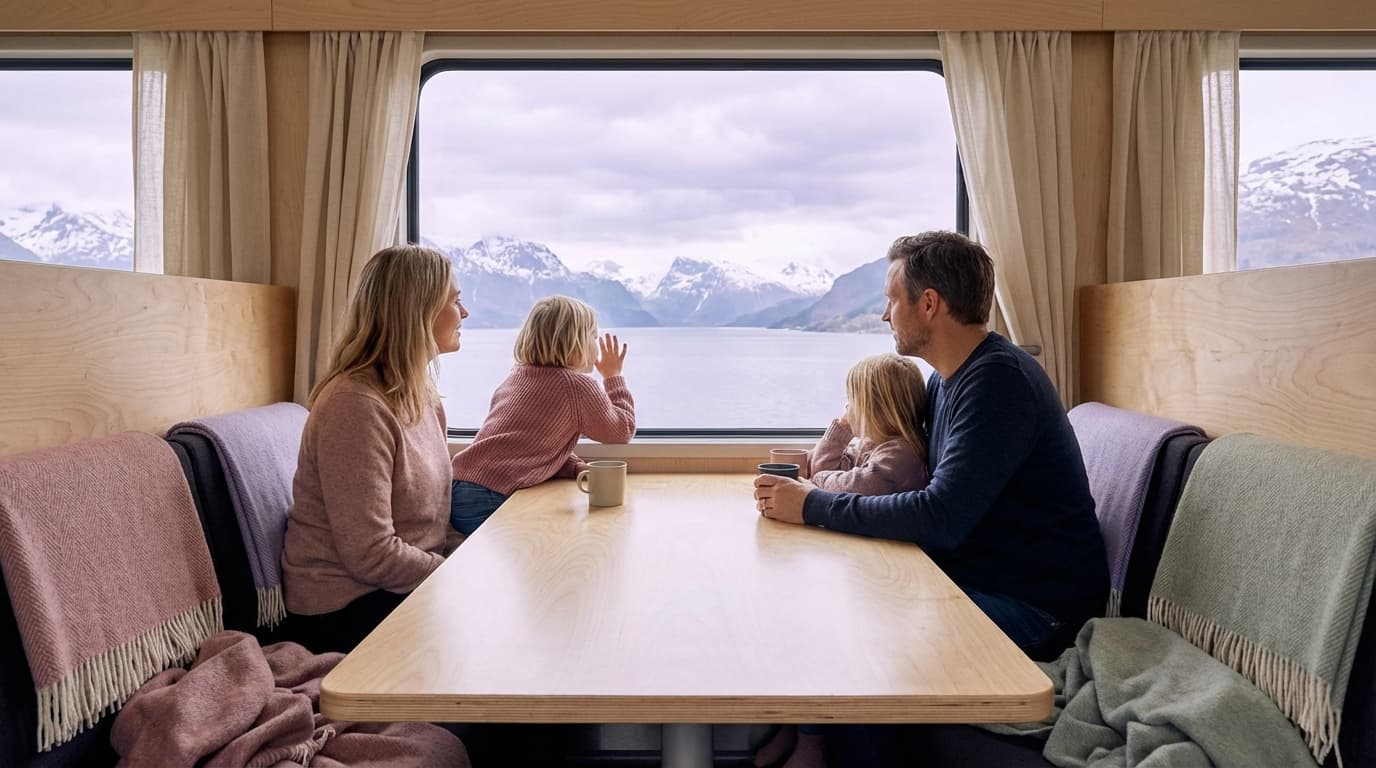 Familie med småbarn som ser ut av togvinduet på norsk fjellnatur
