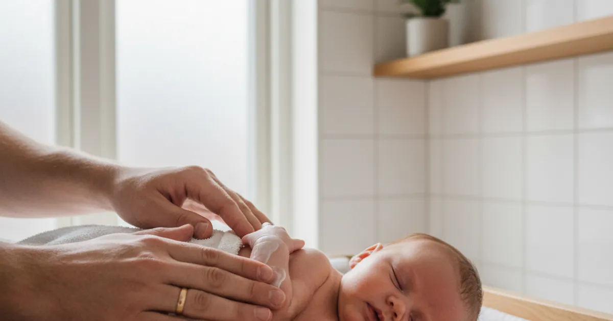 Forelder som forsiktig smører krem på babyens arm