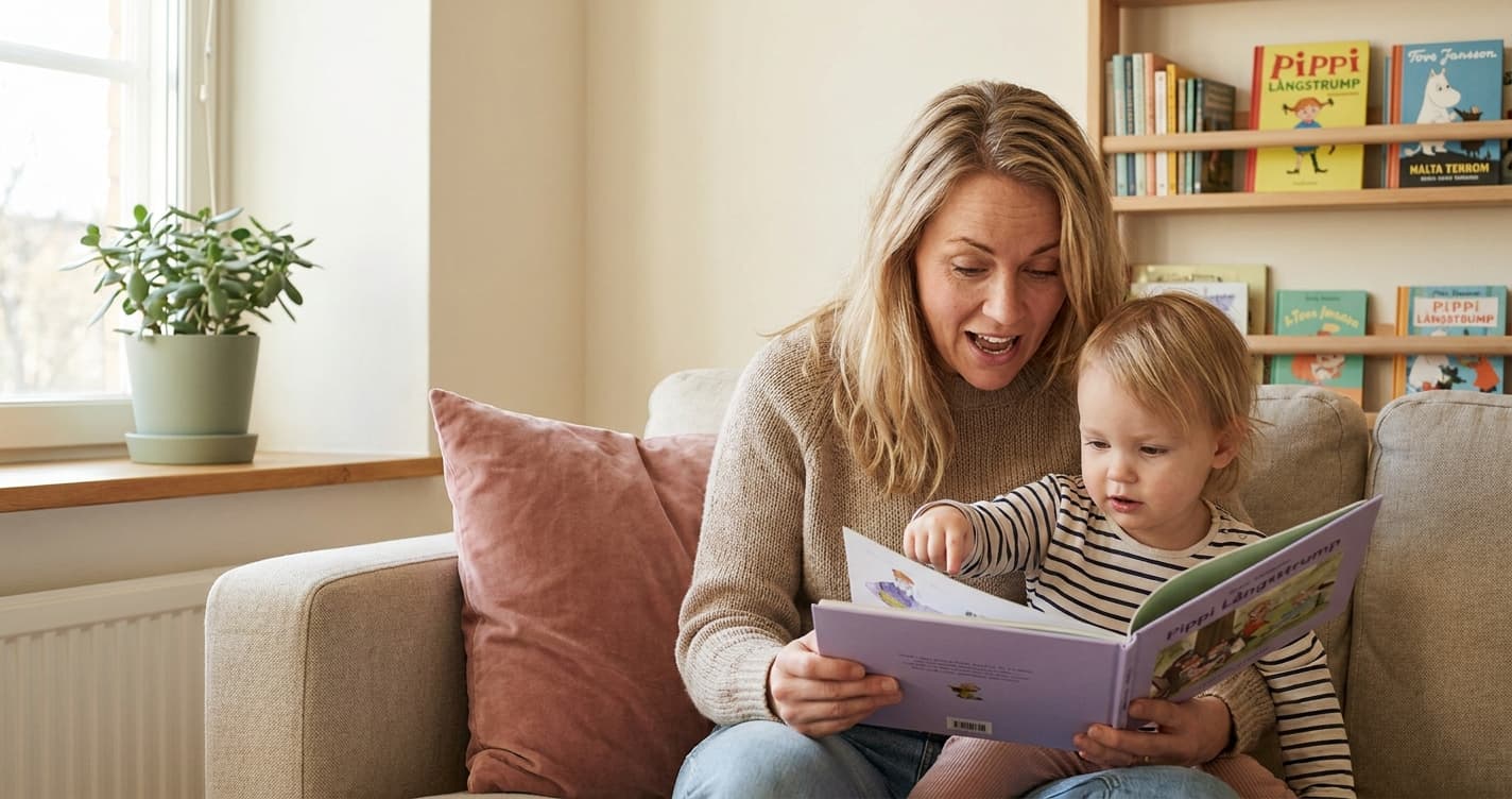 Mor og barn leser bok sammen i lyst nordisk stuemiljø