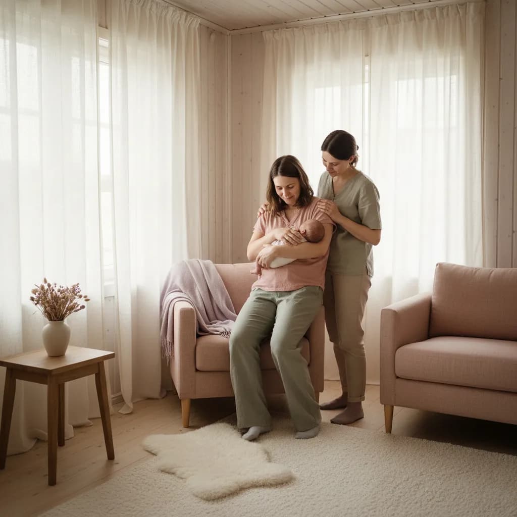 Kvinne som sitter stille med nyfødt baby på brystet og ser ettertenksom ut i dempet lys