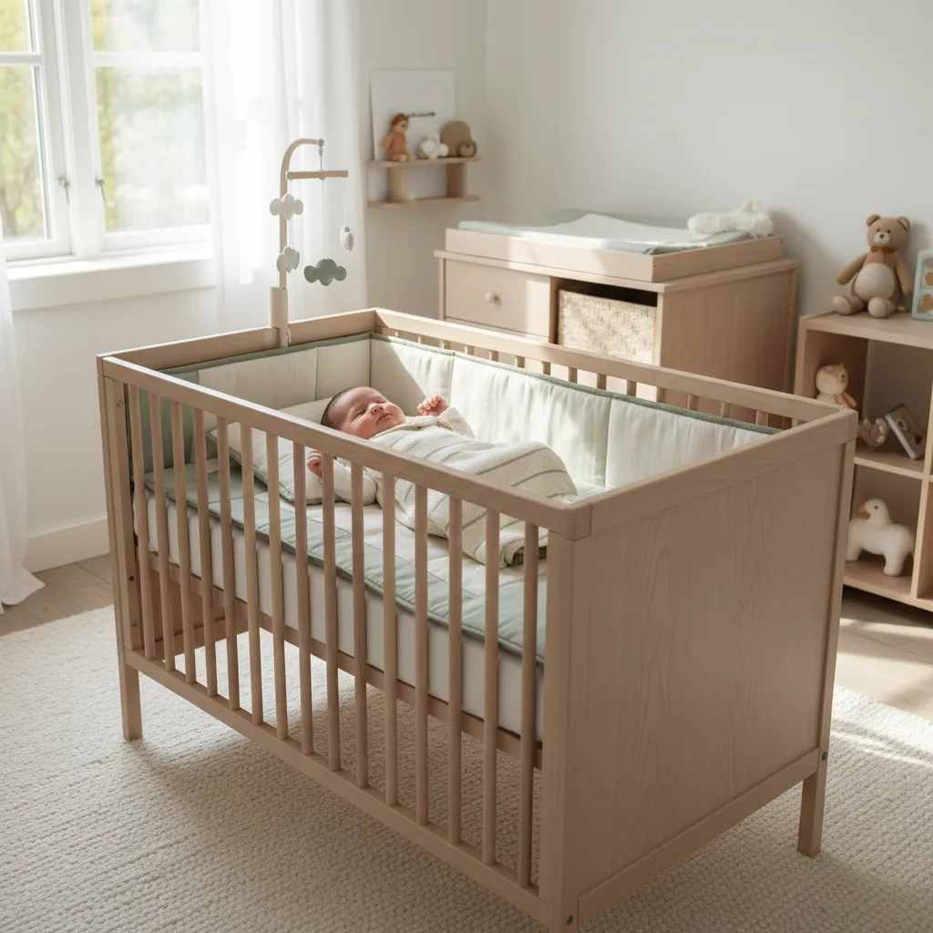 Baby som sover trygt på ryggen i en lys, skandinavisk barneseng
