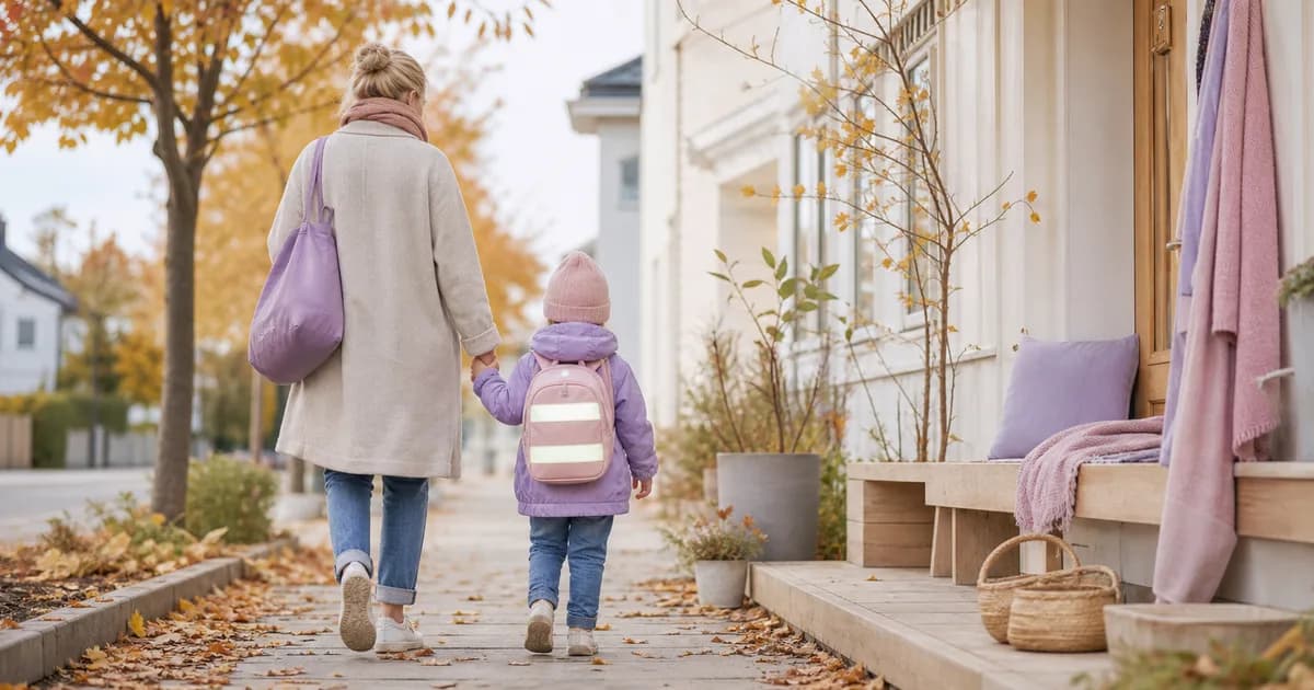 Forelder og småbarn som går hånd i hånd på fortauet på vei til barnehagen