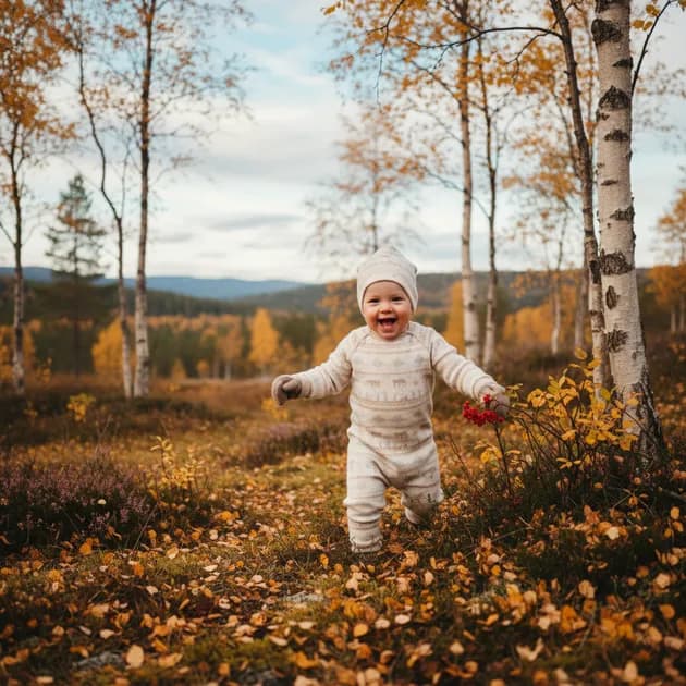 Lite barn i mykt ullundertøy som leker innendørs