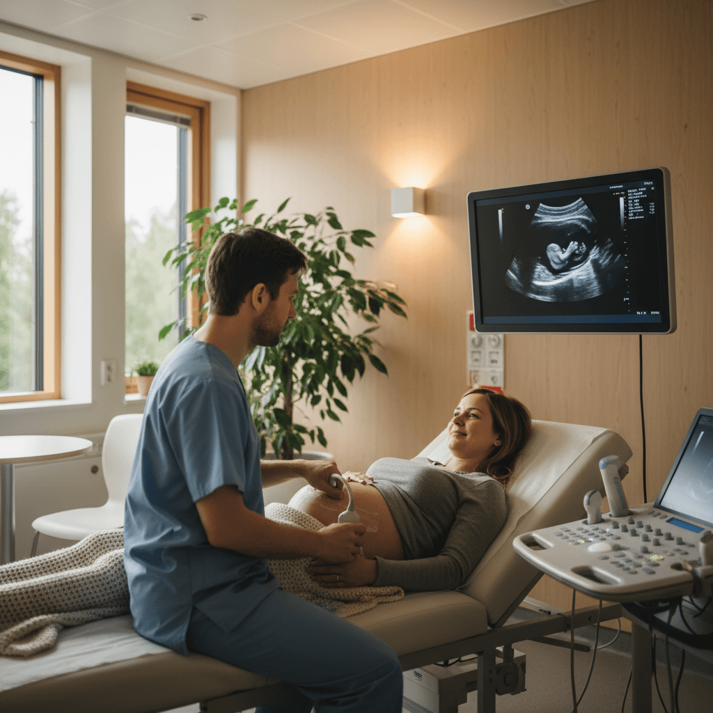 Gravid kvinne og partner ser på ultralydskjerm sammen med jordmor