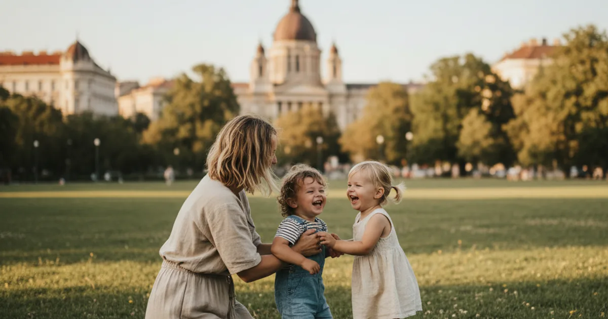 Ungarsk mor som leker med to småbarn i en park med historiske bygninger i bakgrunnen