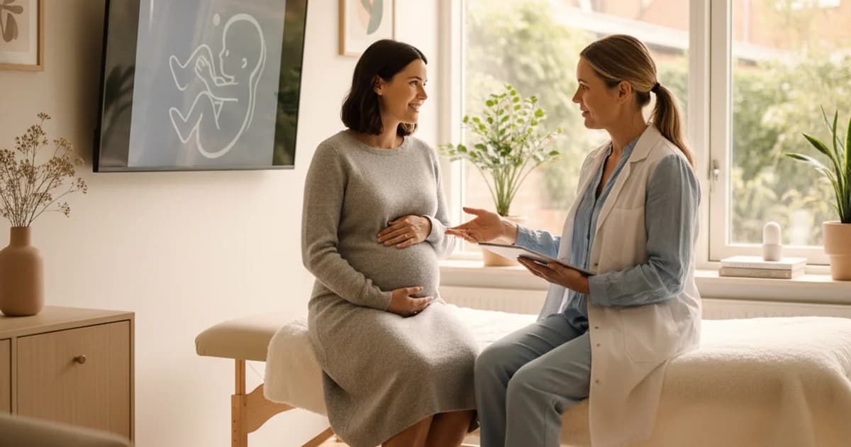 Gravid kvinne som snakker med legen sin på et sykehus