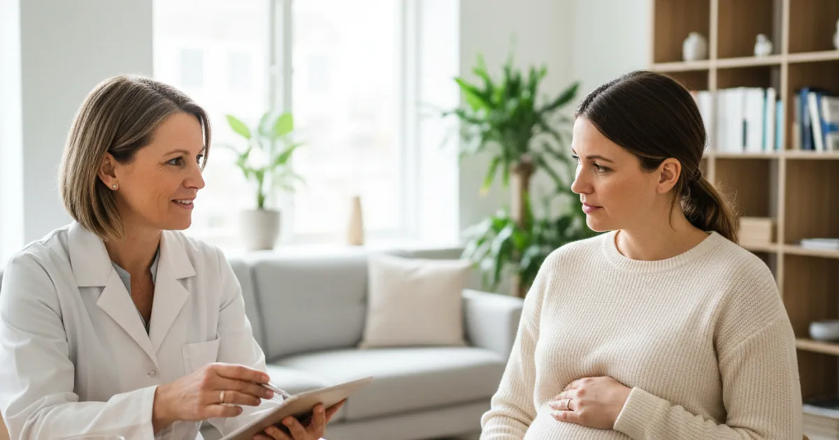 Gravid kvinne som snakker med lege om medisinbruk