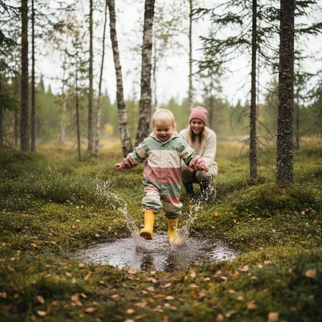 Småbarn i regntøy som leker med løv i skogen om høsten