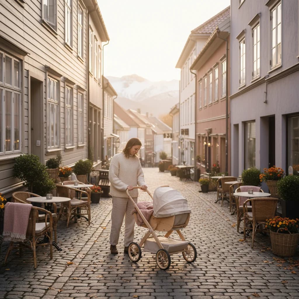 Familie med baby i barnevogn som utforsker en norsk bypark
