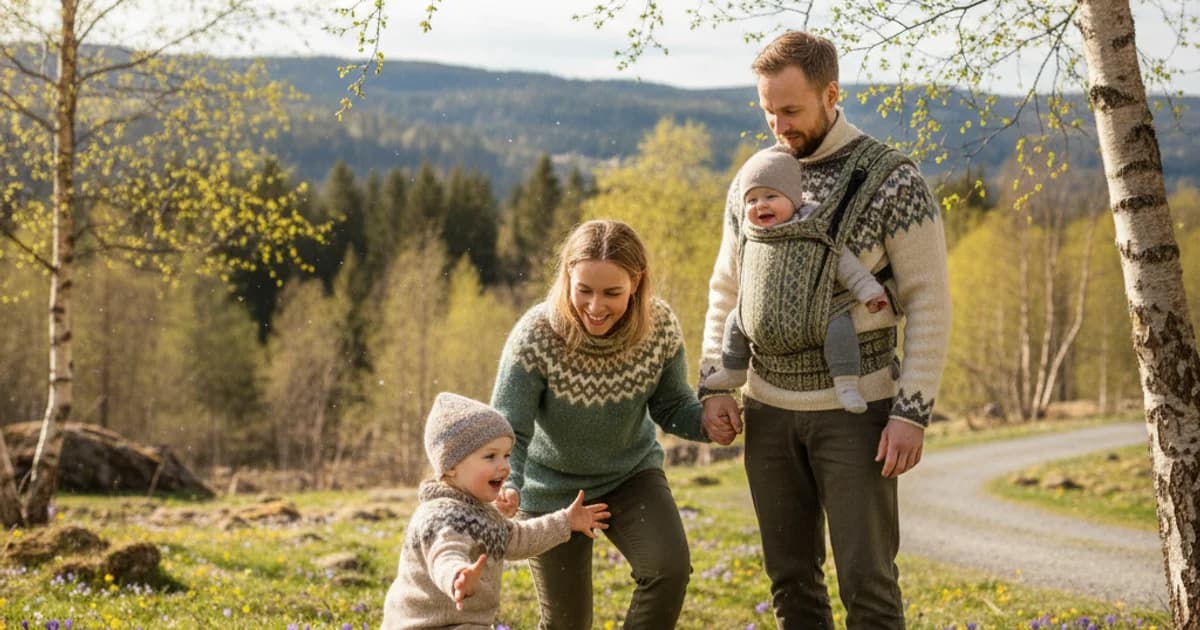 Familie med småbarn som leker utendørs i norsk vårlandskap med grønne knopper