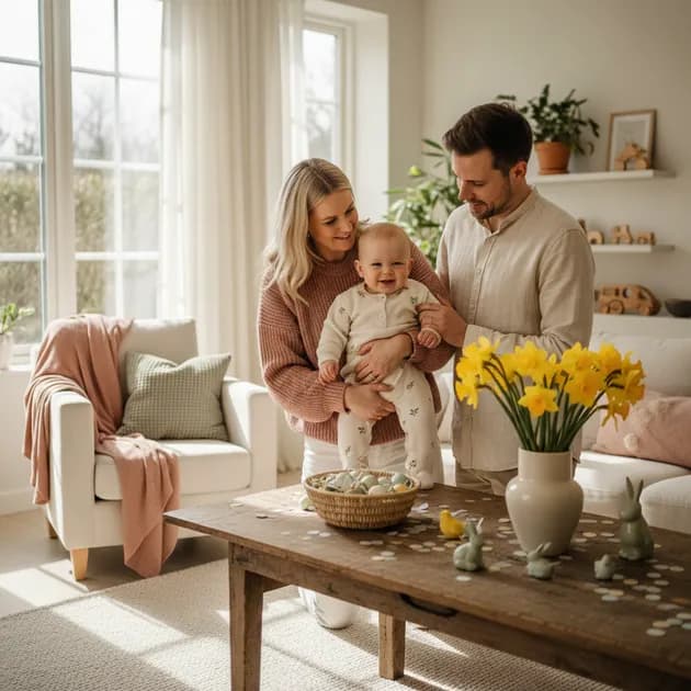 Baby med påskeliljer og gule kyllinger i en norsk stue