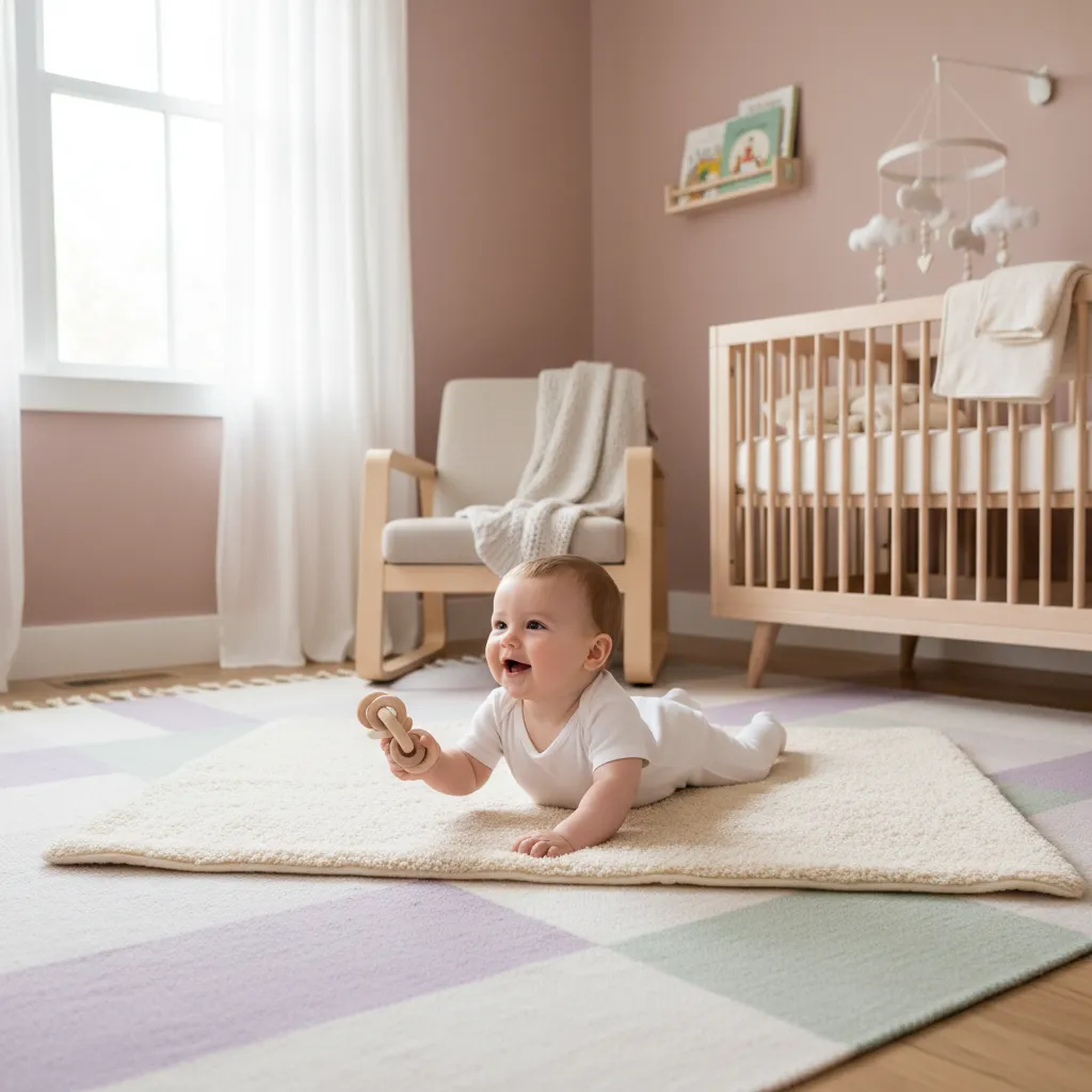 Våken og fornøyd baby som leker på gulvet med mor i bakgrunnen