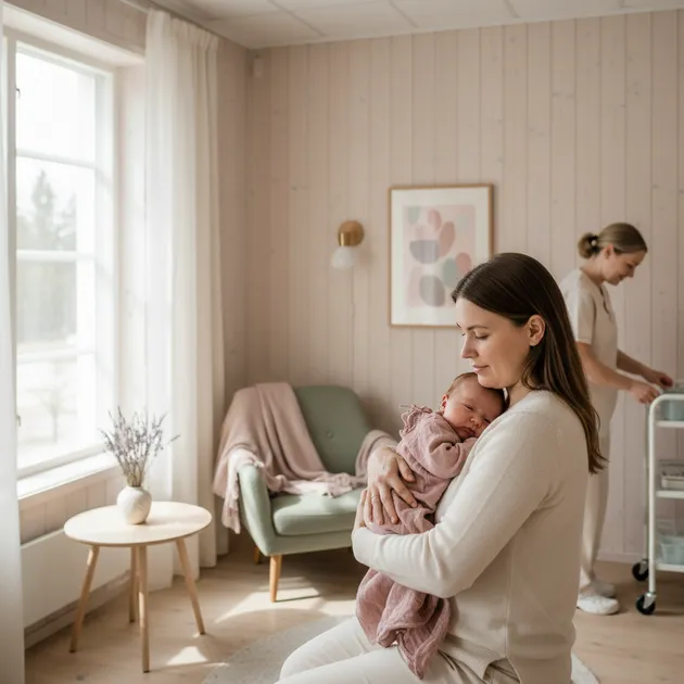 Forelder som trøster baby etter vaksine på helsestasjonen i et lyst rom