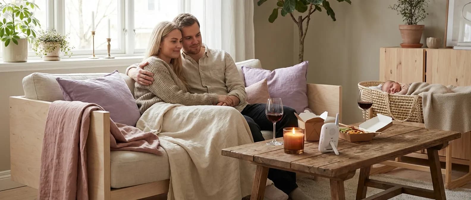 Nybakte foreldre koser seg i sofaen med stearinlys mens babyen sover
