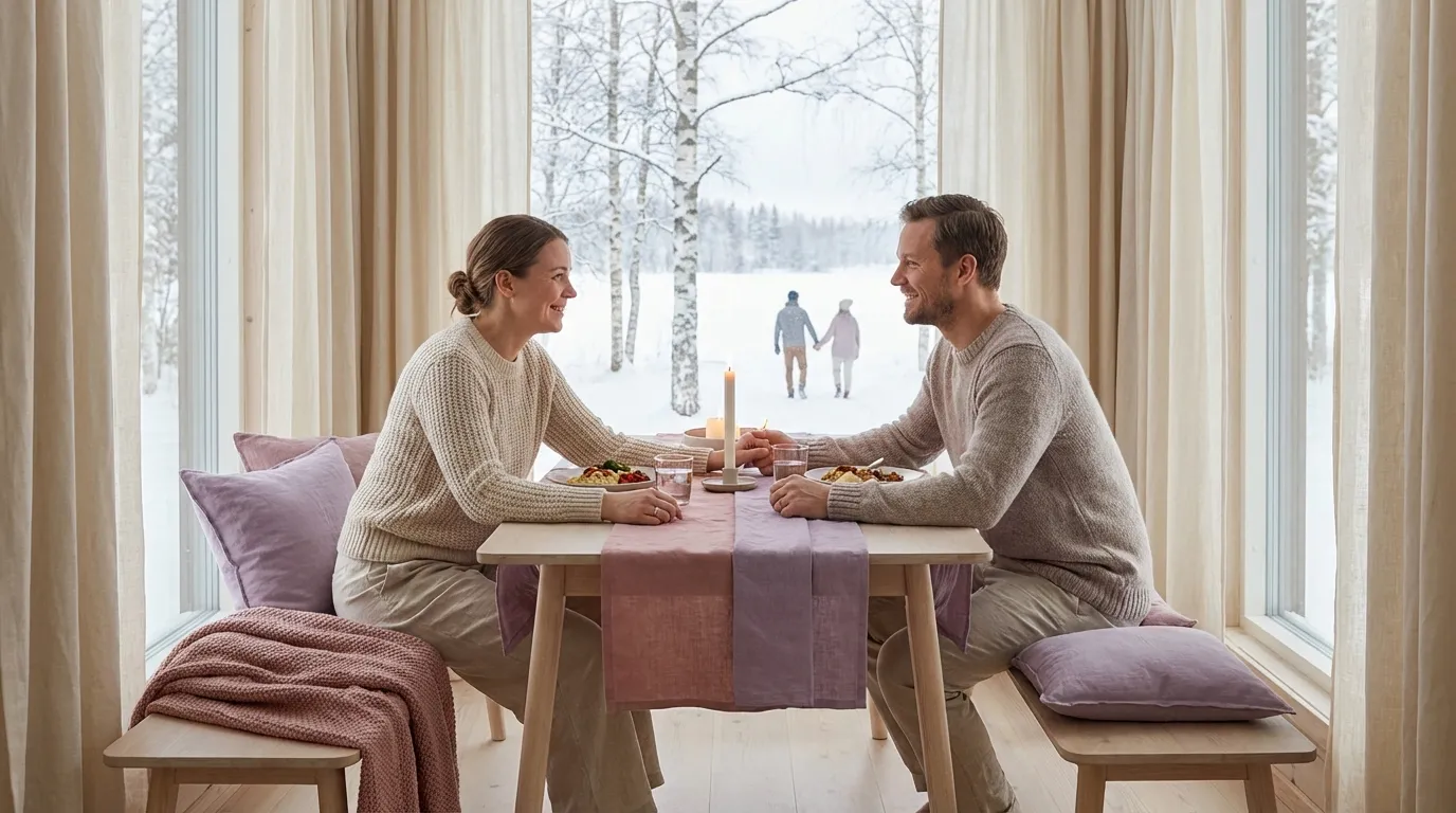 Par nyter en romantisk middag hjemme etter at småbarnet har lagt seg