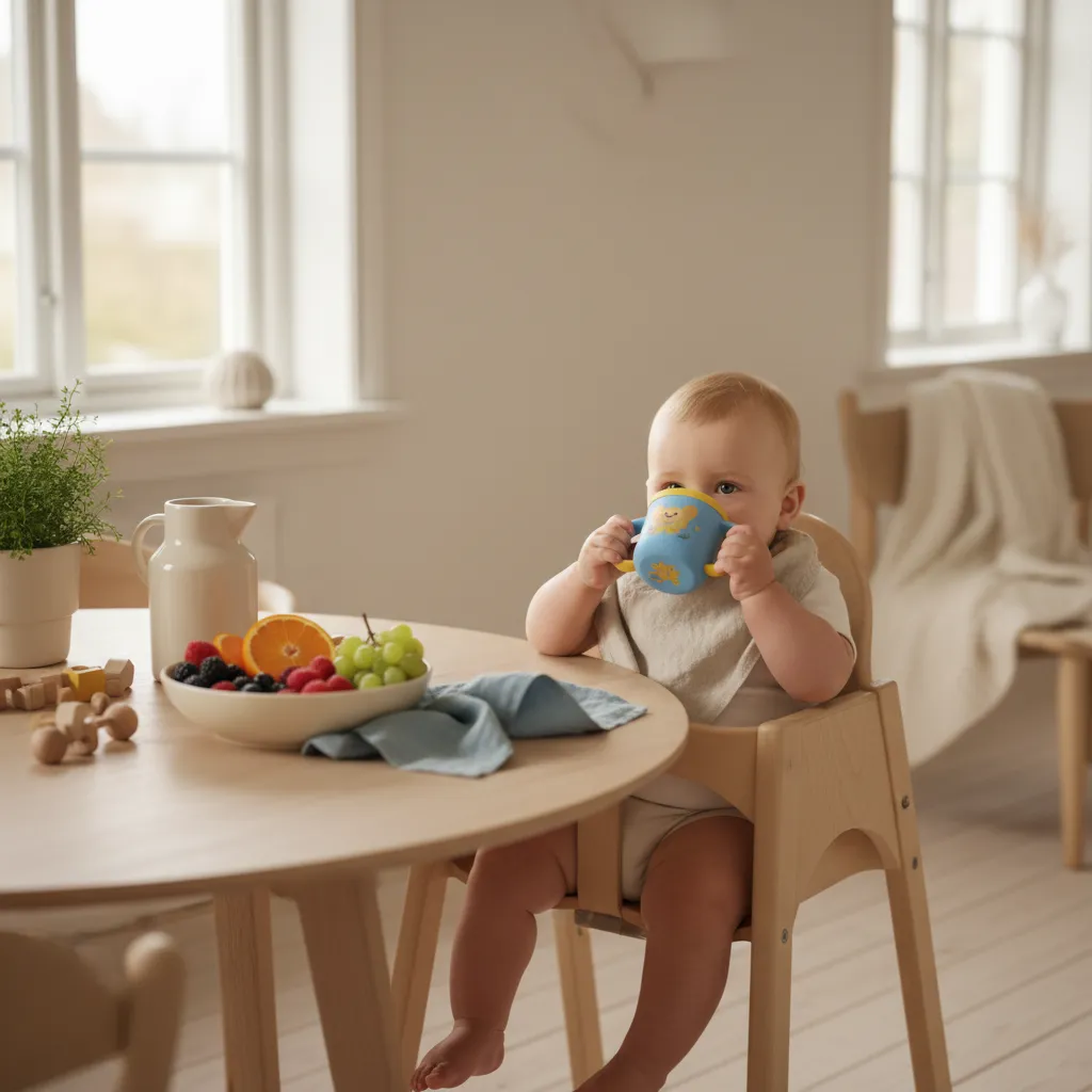 Baby som drikker vann fra en liten kopp på et lyst skandinavisk kjøkkenbord