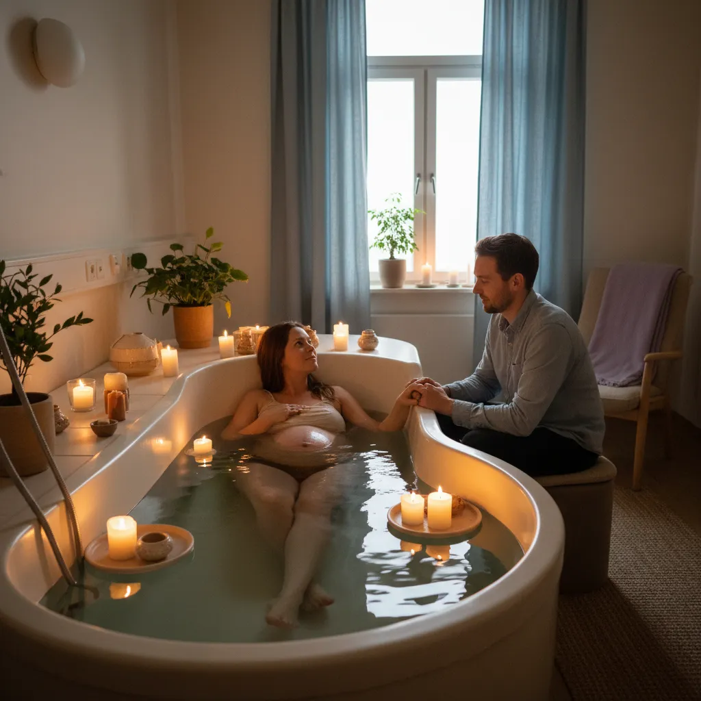 Gravid kvinne som sitter i et stort badekar med varmt vann og dempet belysning