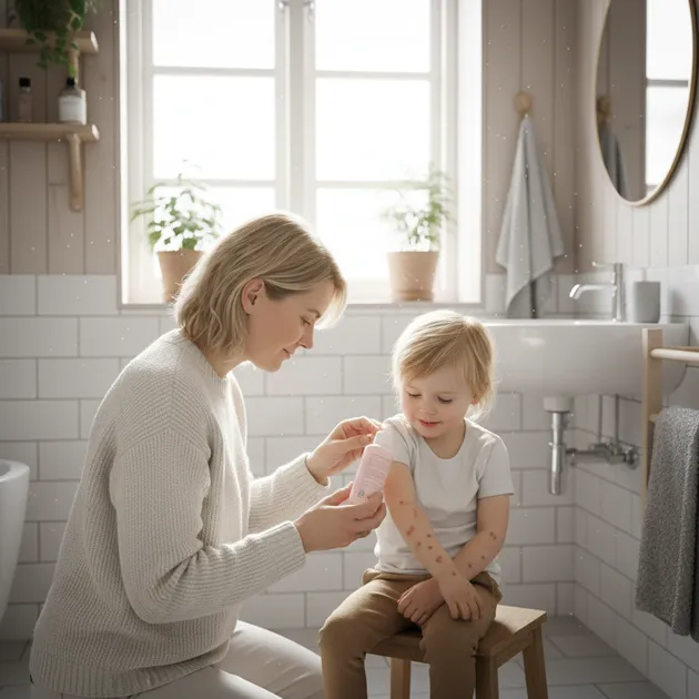Liten gutt med vannkoppeutslett som får stell av forelderen sin