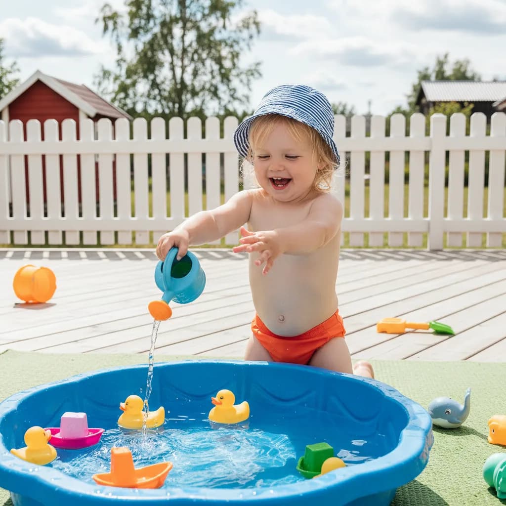 Småbarn som leker med vann i en balje utendørs på sommeren