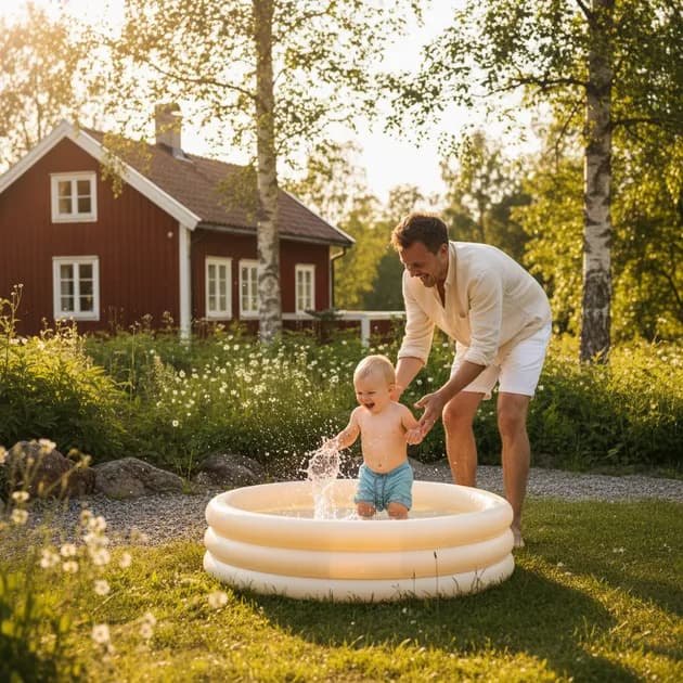 Forelder som holder et lite barn trygt i vannet ved en strand