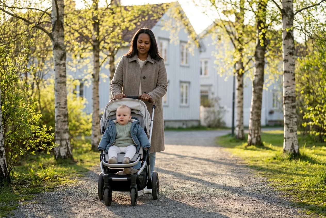 Baby i lag-på-lag vårklær på tur med forelder, mildt mai-vær