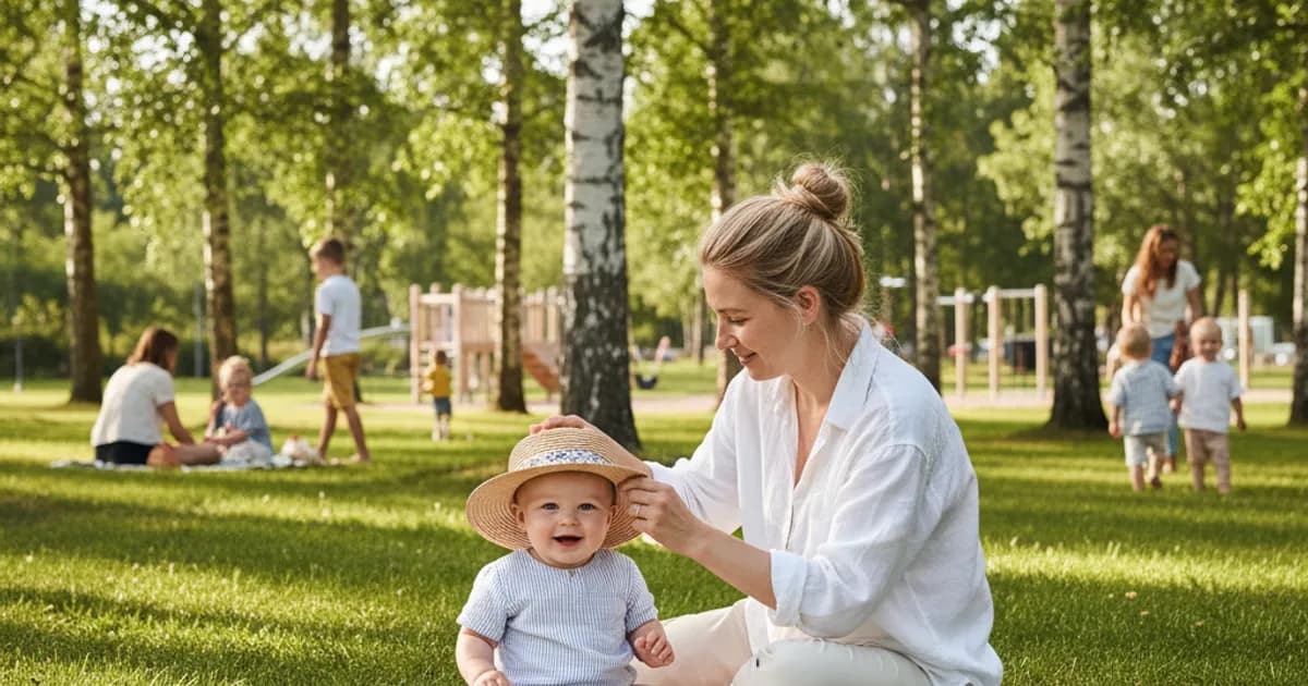 Forelder som holder solhatt over baby i en park på sommerdag