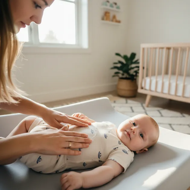 Baby i lett sommerklær i et lyst skandinavisk hjem