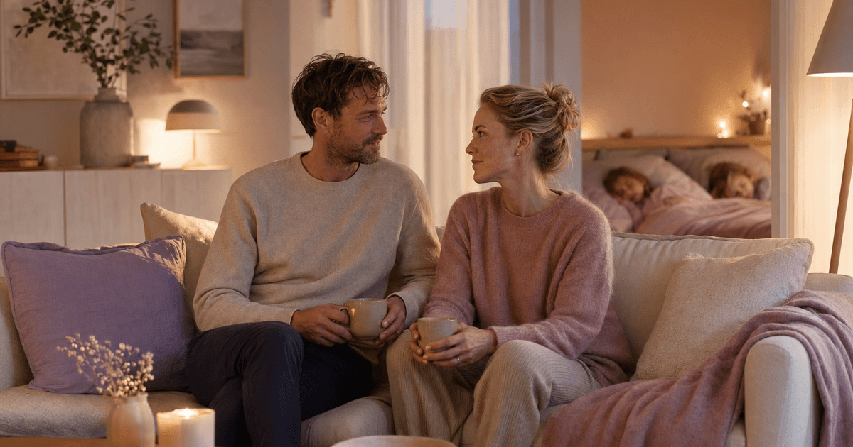 Norsk par i 30-årene snakker rolig sammen i sofaen mens barna sover