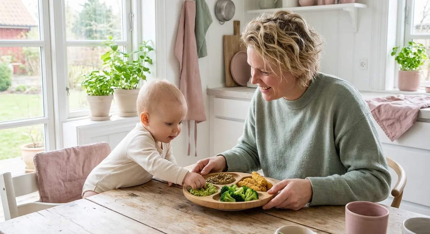 Baby spiser vegetarisk mat som linsesuppe og grønnsaker i et lyst skandinavisk kjøkken