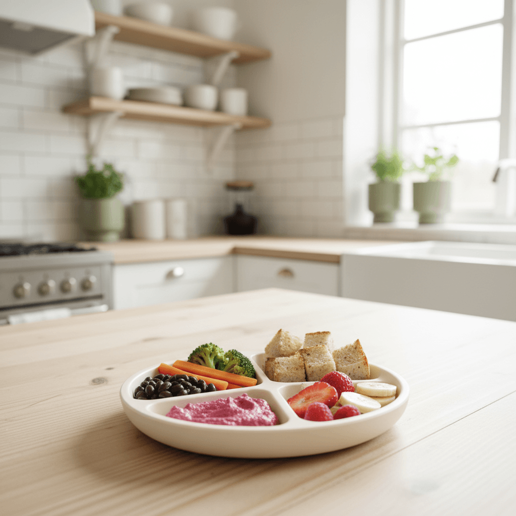 Fargerike vegetariske matvarer tilrettelagt for småbarn på et lyst kjøkkenbord