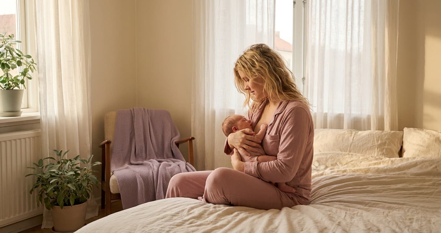 Mor ammer nyfødt baby hud-mot-hud i lyst soverom