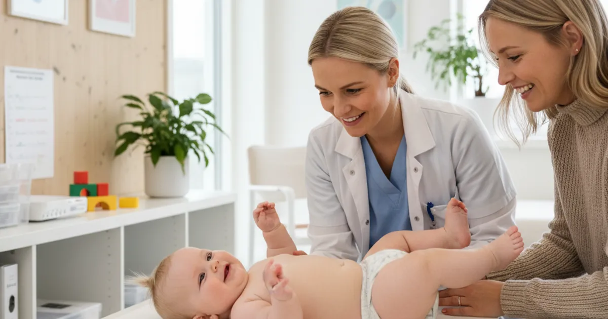 Smilende baby som strekker seg på stellebordet