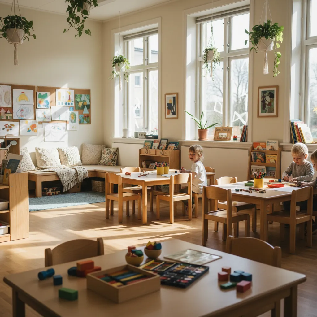 Lyst og fargerikt barnehagerom med leker og aktiviteter