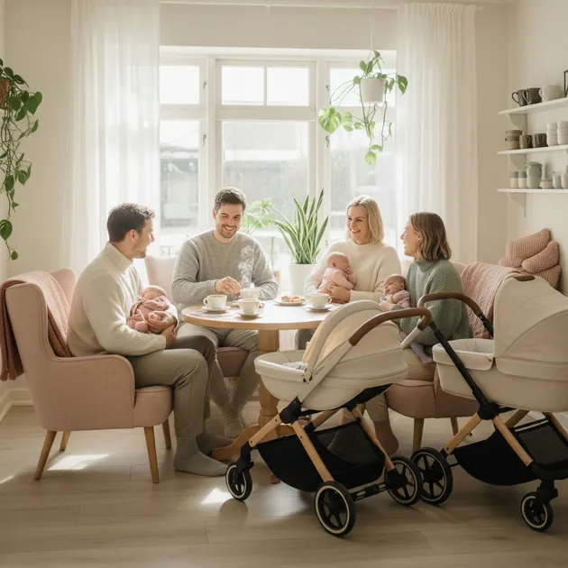 Gruppe småbarnsforeldre sitter i en park med babyer og kaffe, ler og prater