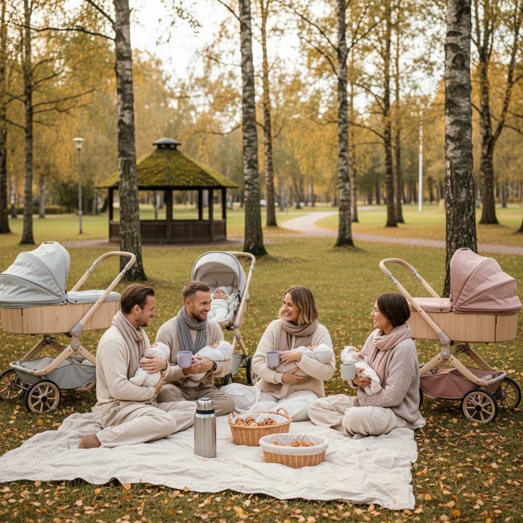 Gruppe foreldre med babyer i barnevogner som møtes i en park om høsten
