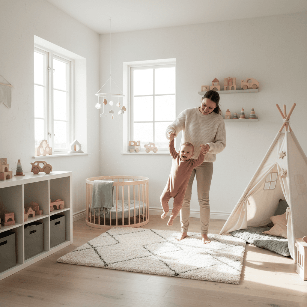 Forelder som forsiktig danser med baby i armene i en lys stue
