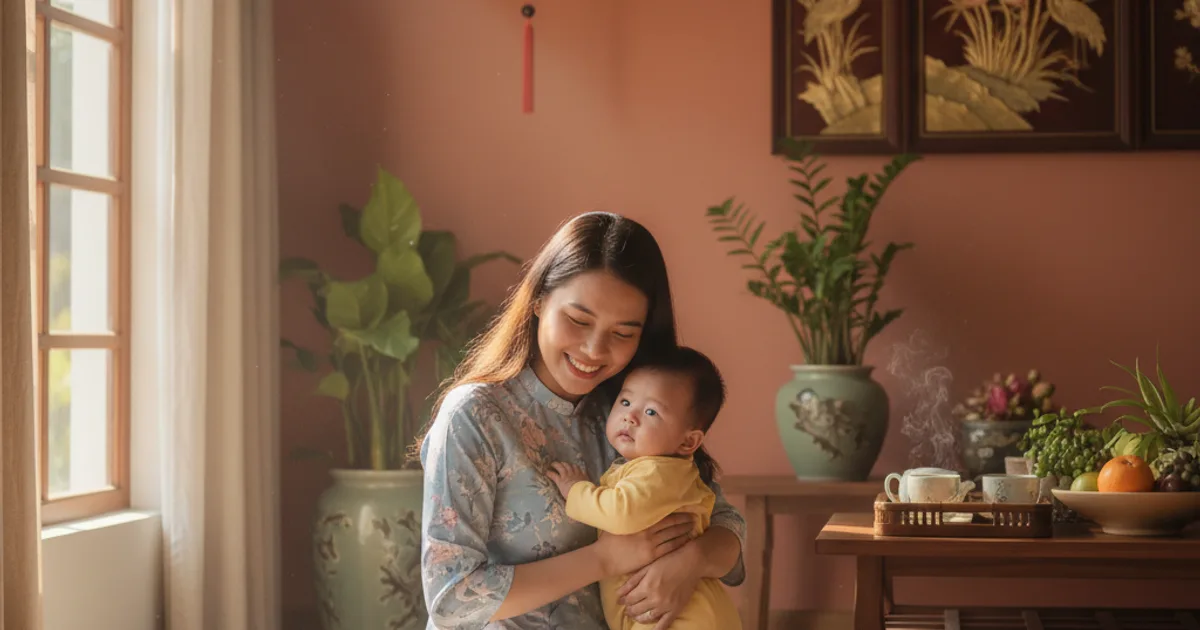 Vietnamesisk mor med baby i et varmt og fargerikt hjem