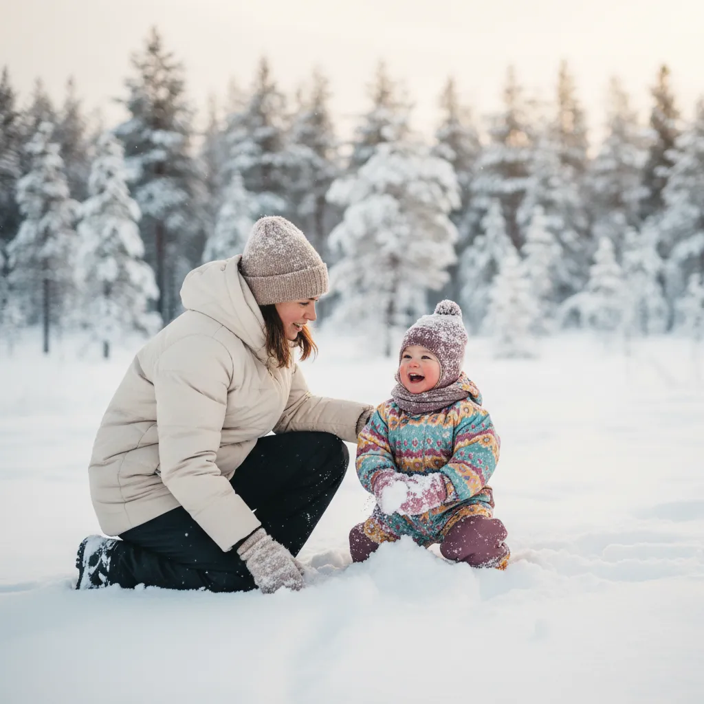 Foreldre med baby i vinterklær ute i snøen