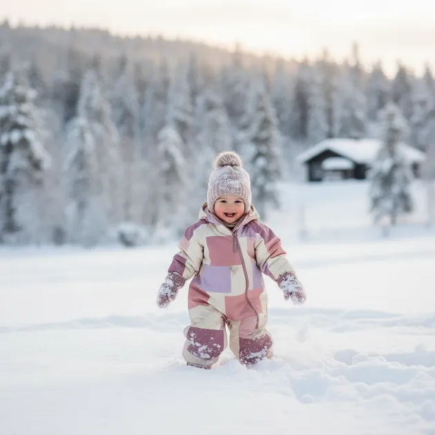 Barn i fargerik vinterdress leker i snøen i norsk vinterland