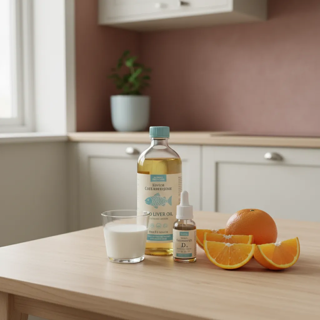Tran og vitamindråper for baby ved siden av et glass melk på et lyst skandinavisk bord