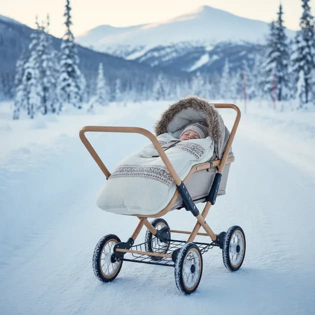 Baby i varm vognpose i barnevogn på vintertur i norsk natur
