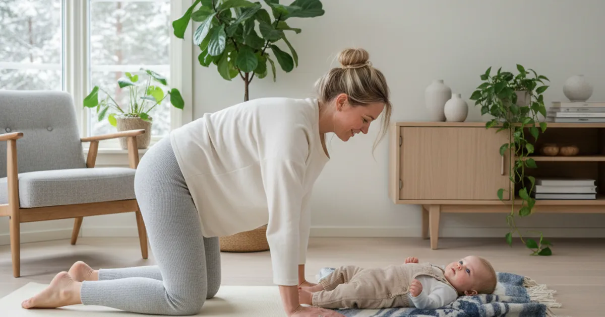 Mor som gjør forsiktige tøyningsøvelser hjemme med baby ved siden av