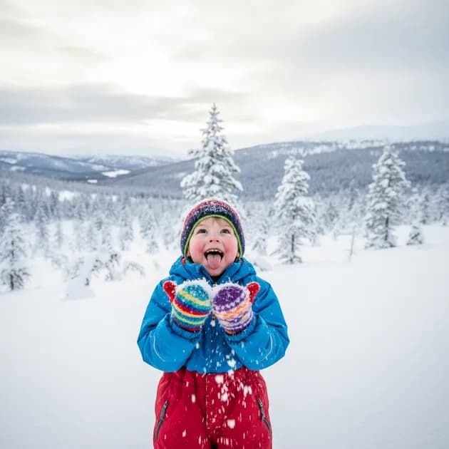 Barn med fargerike vintervotter leker i snøen