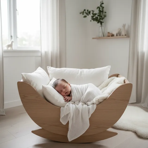 Nyfødt baby sover fredelig i en vakker trebygd vugge i et skandinavisk soverom